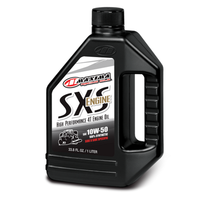 A bottle of Maxima SXS Synthetic Engine Oil 10W-50 with a black label featuring white and orange text, and an image of a side-by-side vehicle.