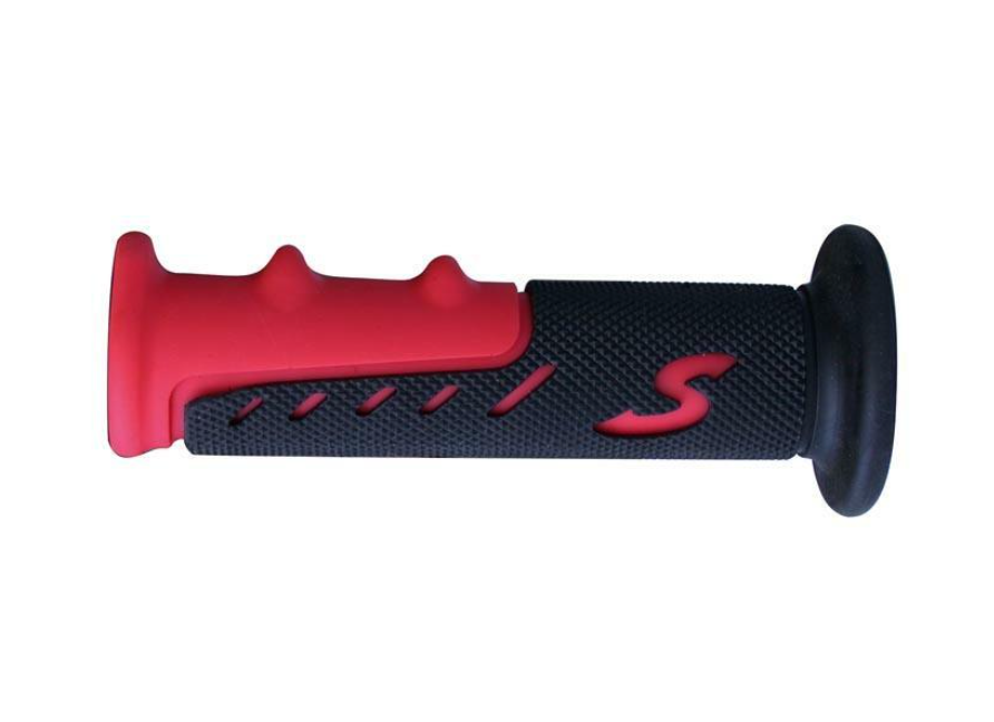 A red ATV grip designed for a thumb throttle handlebar, with a black textured surface and the letter 'S' embossed in red.