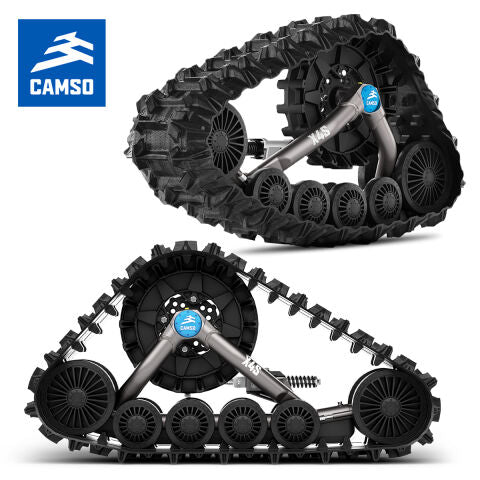 A set of black Camso X4S tracks for ATVs, featuring a robust steel frame and puncture-proof tires, displayed in two different views.