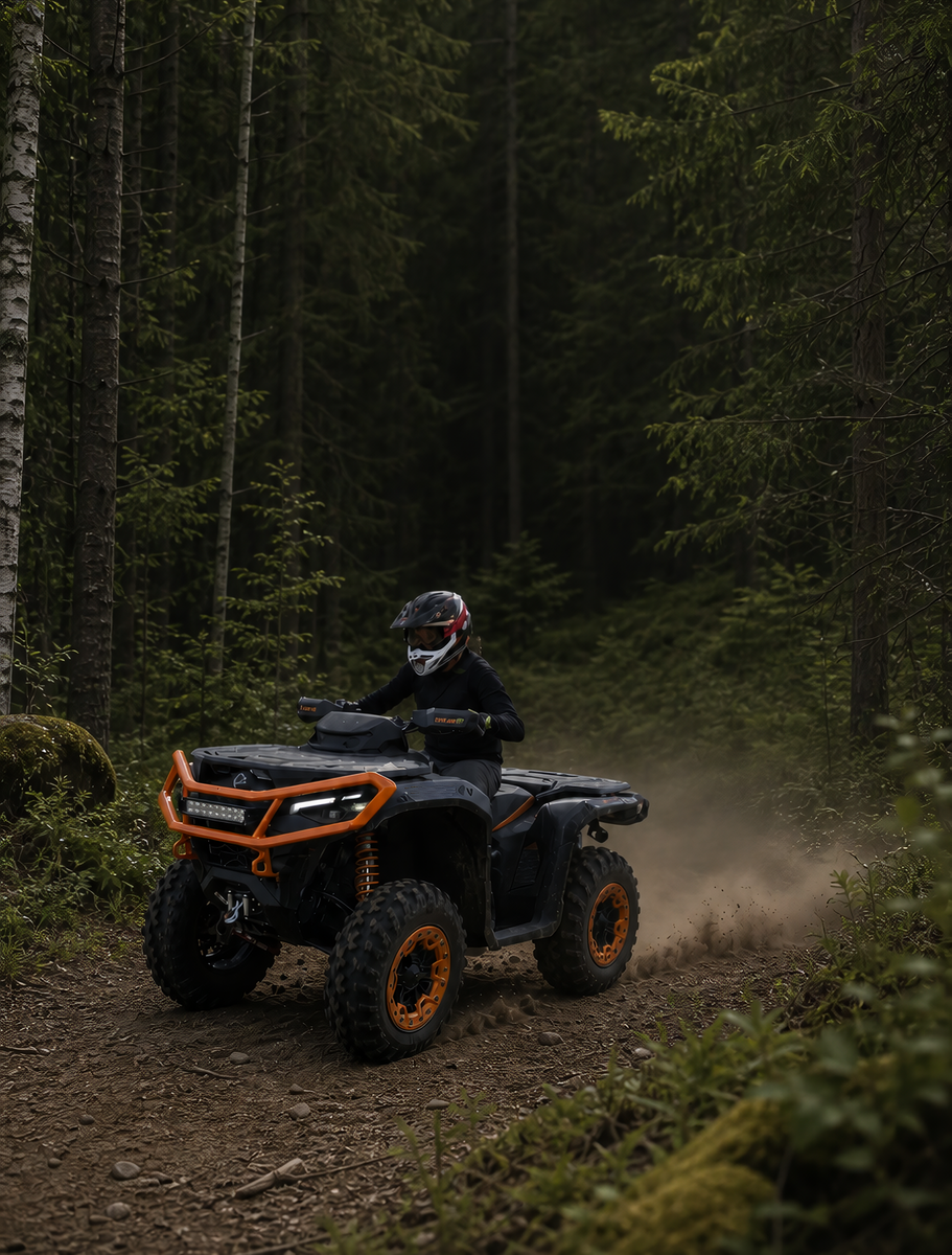 ATV quad with accessories riding on a forest trail
