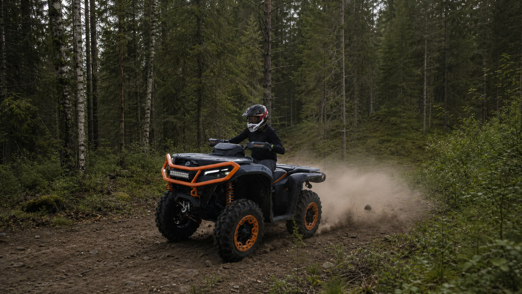ATV quad with accessories riding on a forest trail